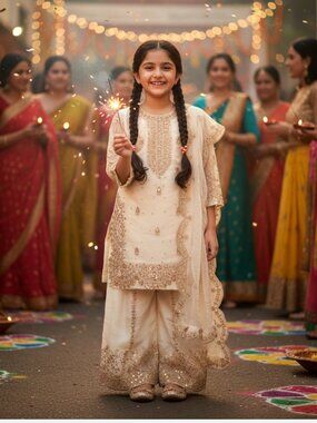 NEW White traditional salwar kameez set dupatta 3Pc Bollywood Langha 5-6 yrs